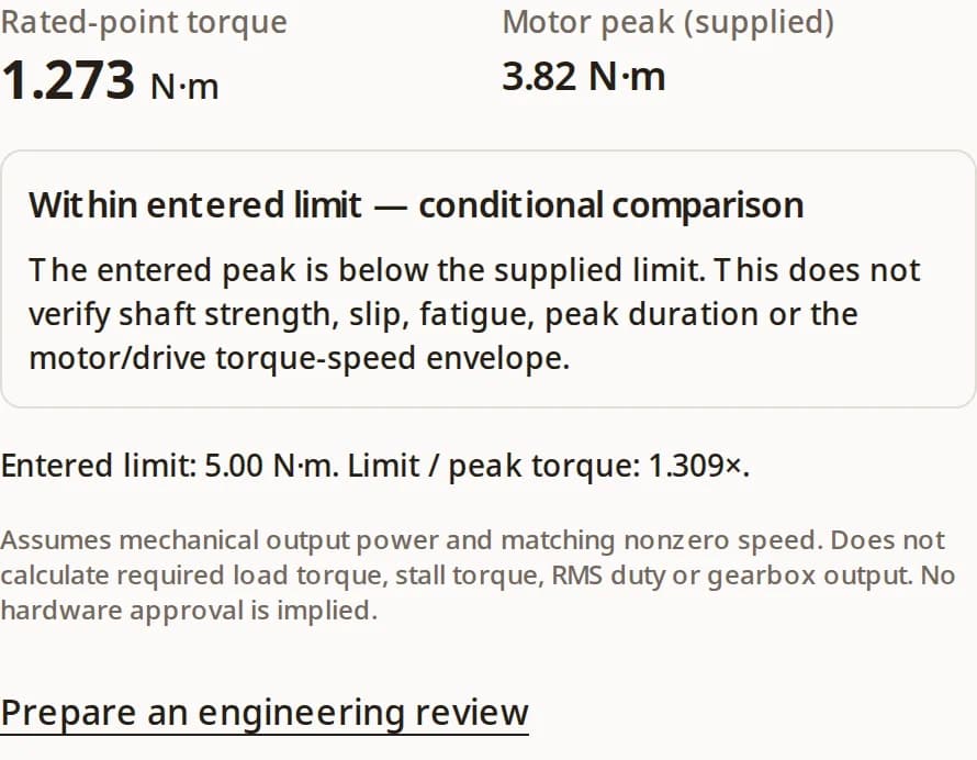 Torque calculator result: 400 W at 3000 RPM gives 1.273 Nm, supplied peak 3.82 Nm and illustrative interface limit 5 Nm